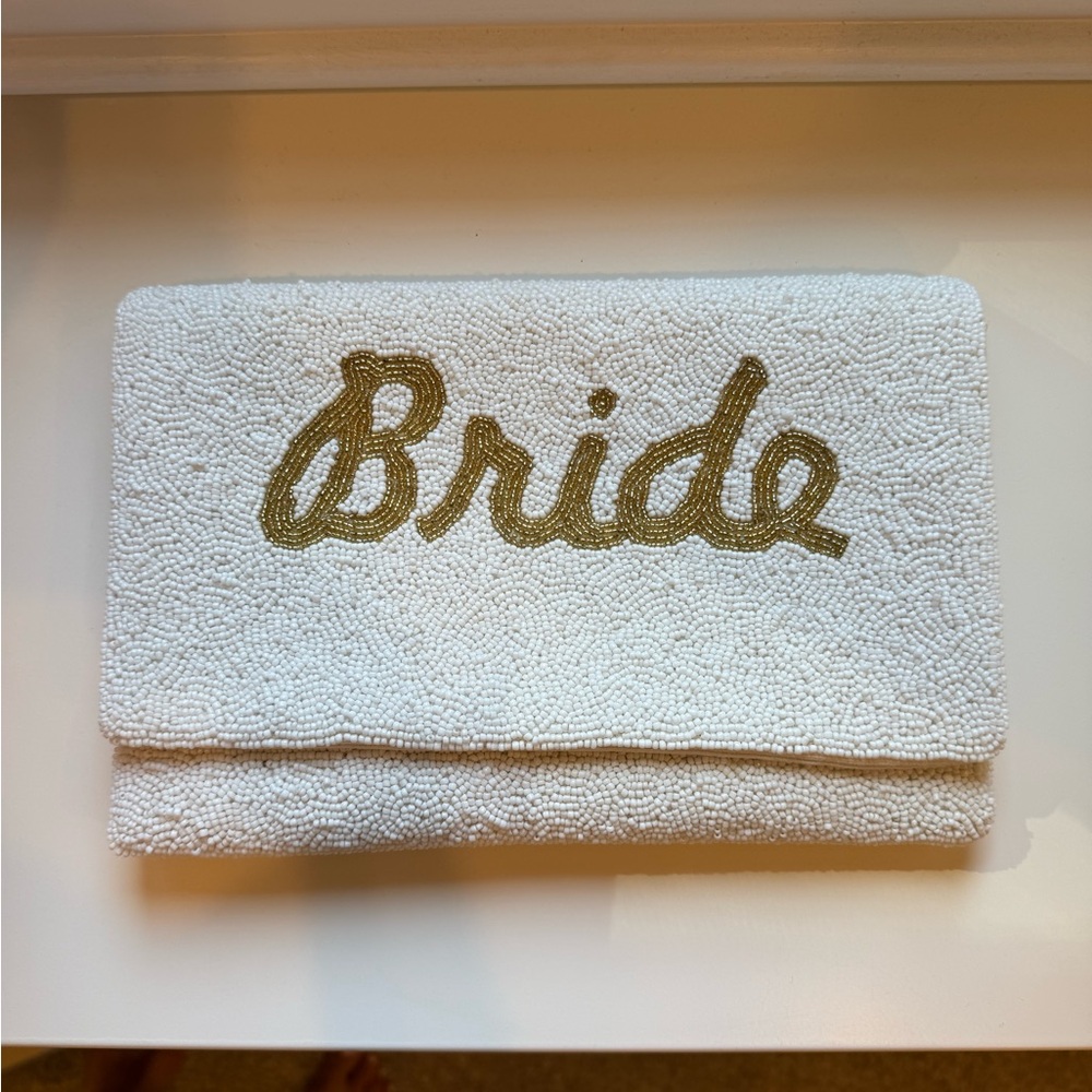 White Beaded Bride Clutch with Gold Chain